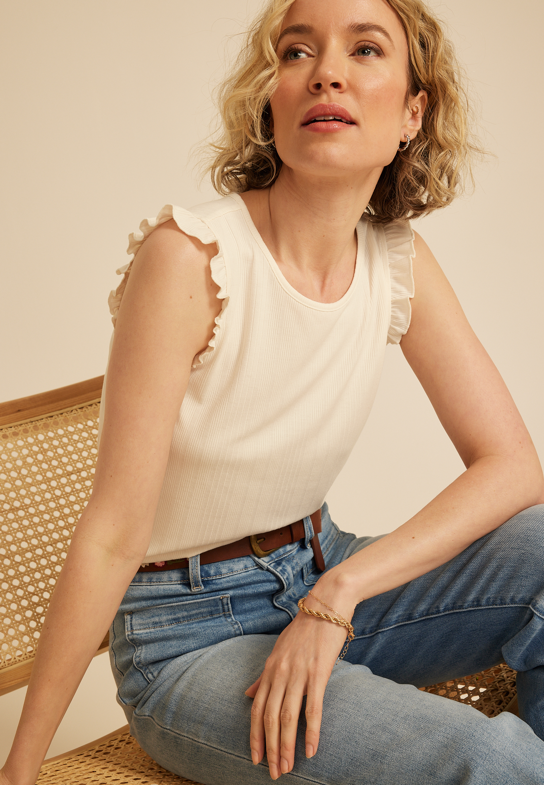 24/7 Variegated Ribbed Ruffle Tank Top