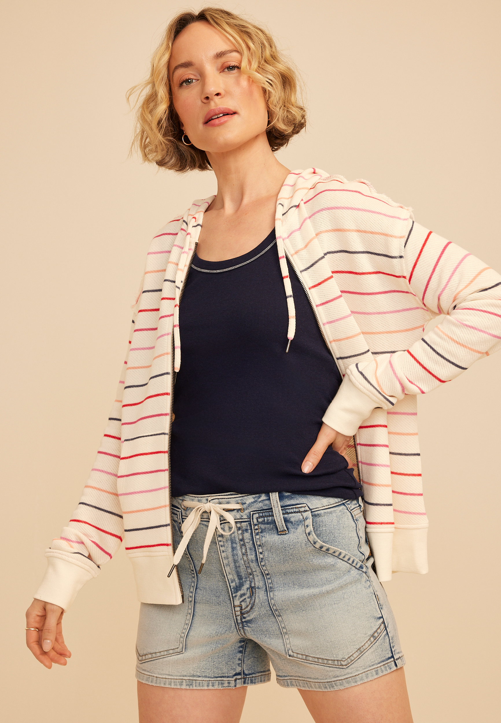 Striped Textured Full Zip Hoodie, WHITE COMBO, large