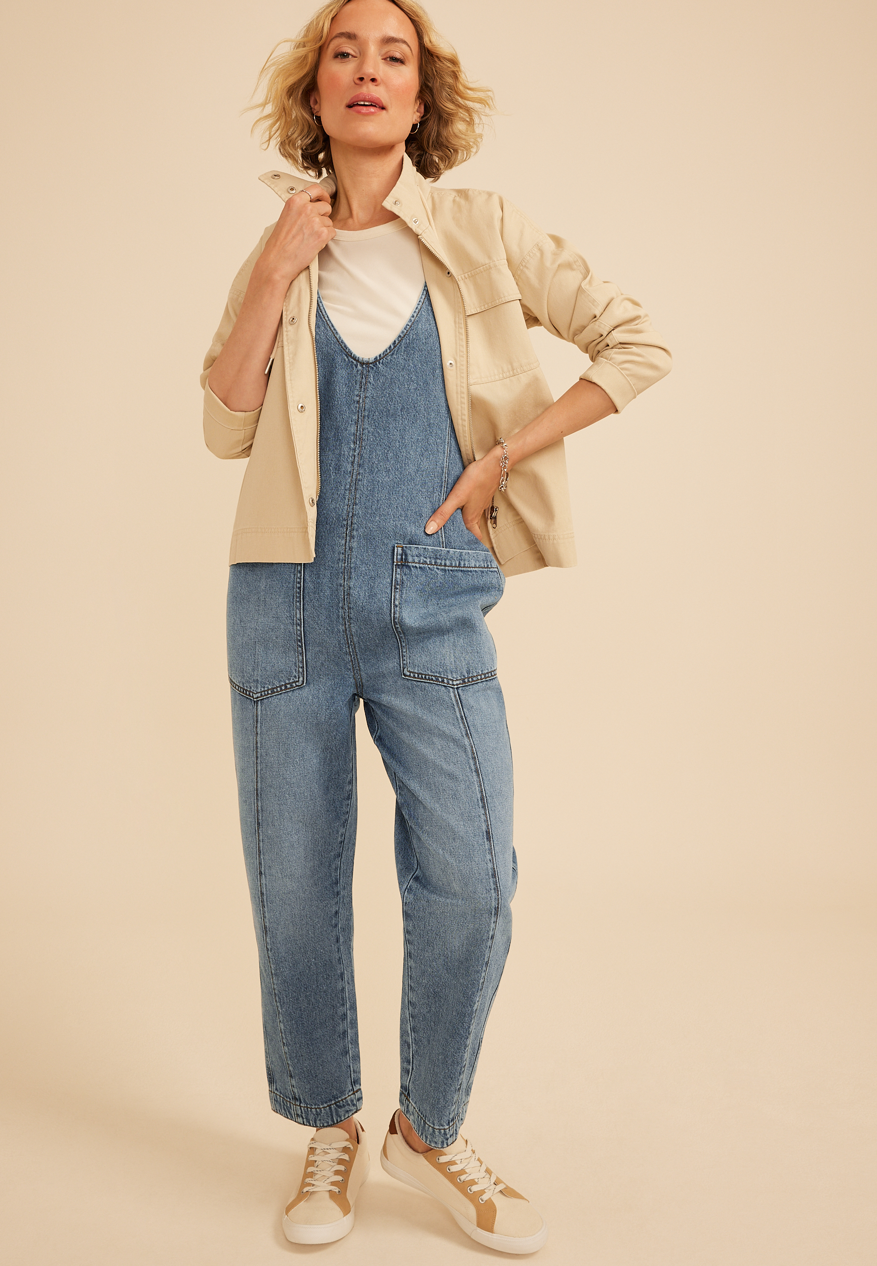 V Neck Denim Overalls, C3337, large