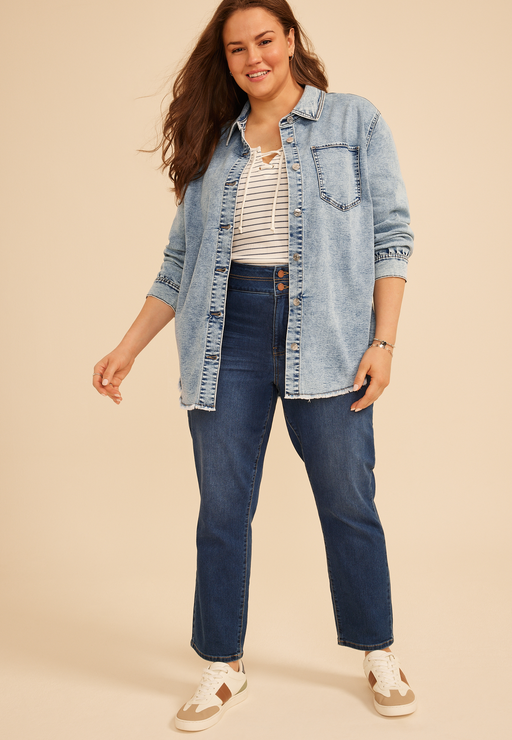 Plus Size Acid Wash Fray Hem Denim Shacket