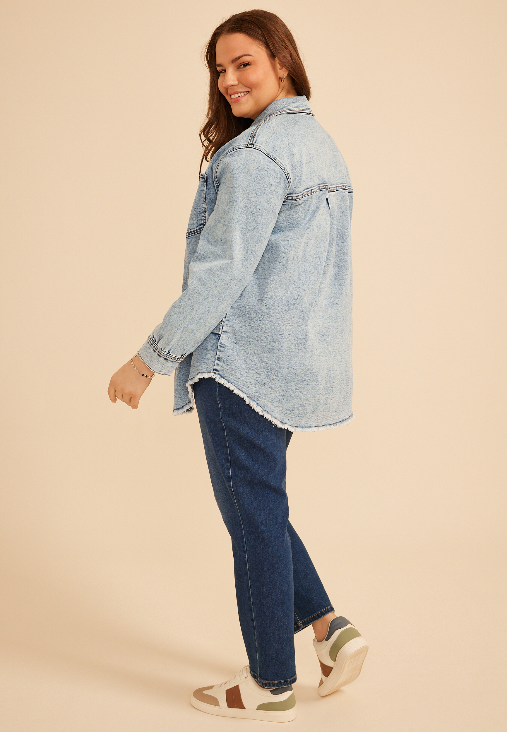 Plus Size Acid Wash Fray Hem Denim Shacket, C1877, large