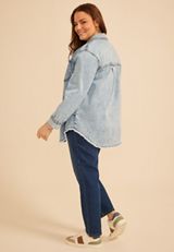 Plus Size Acid Wash Fray Hem Denim Shacket, C1877, small