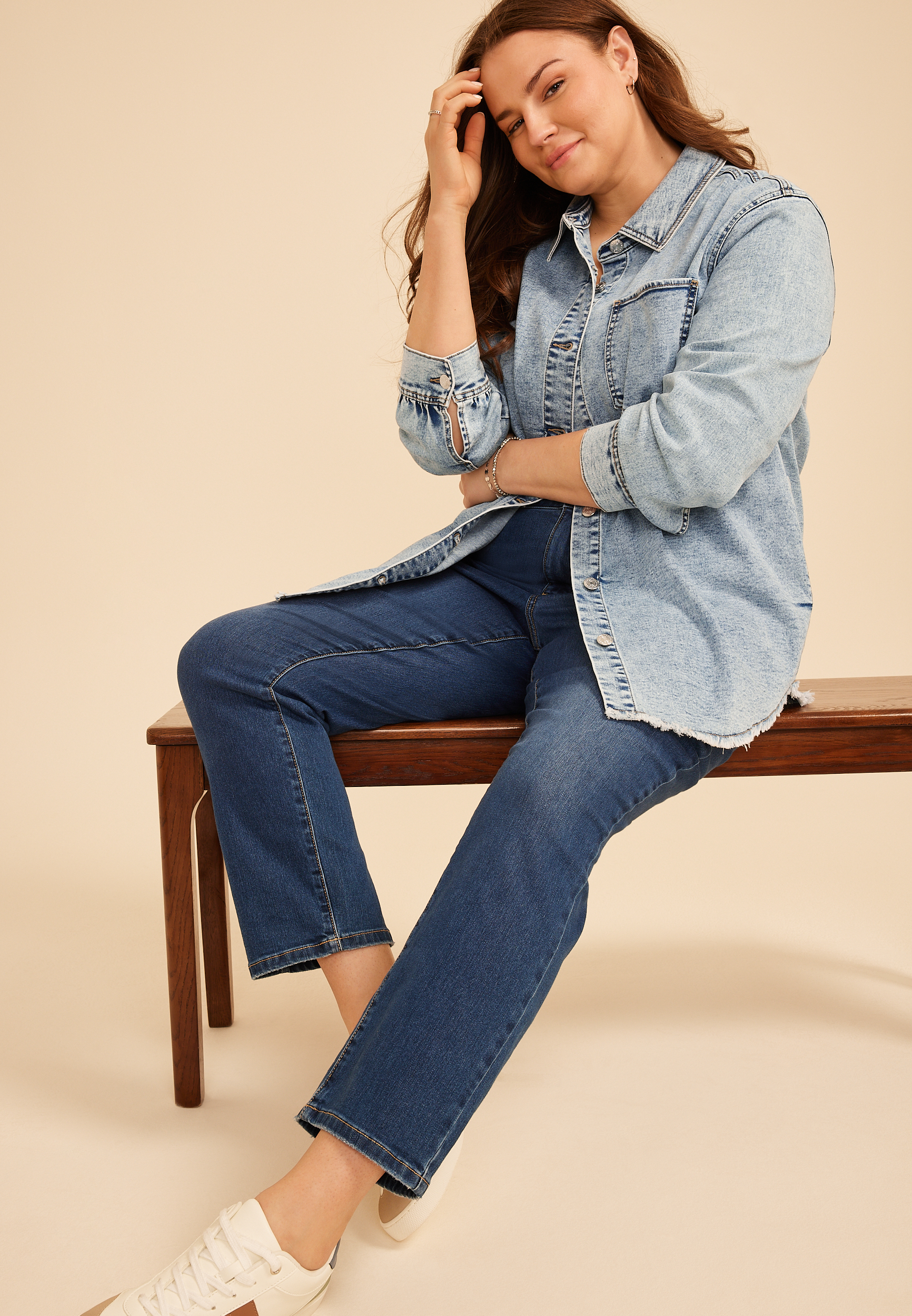 Plus Size Acid Wash Fray Hem Denim Shacket, C1877, large
