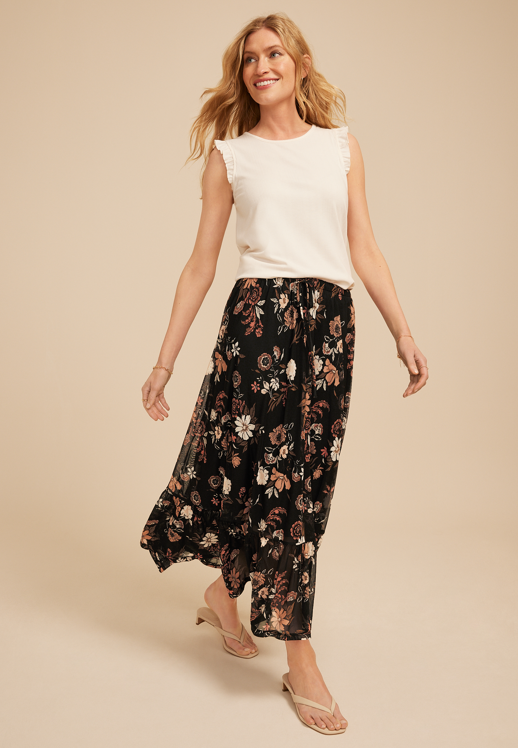 Floral Mesh Mesh Tiered Midi Skirt