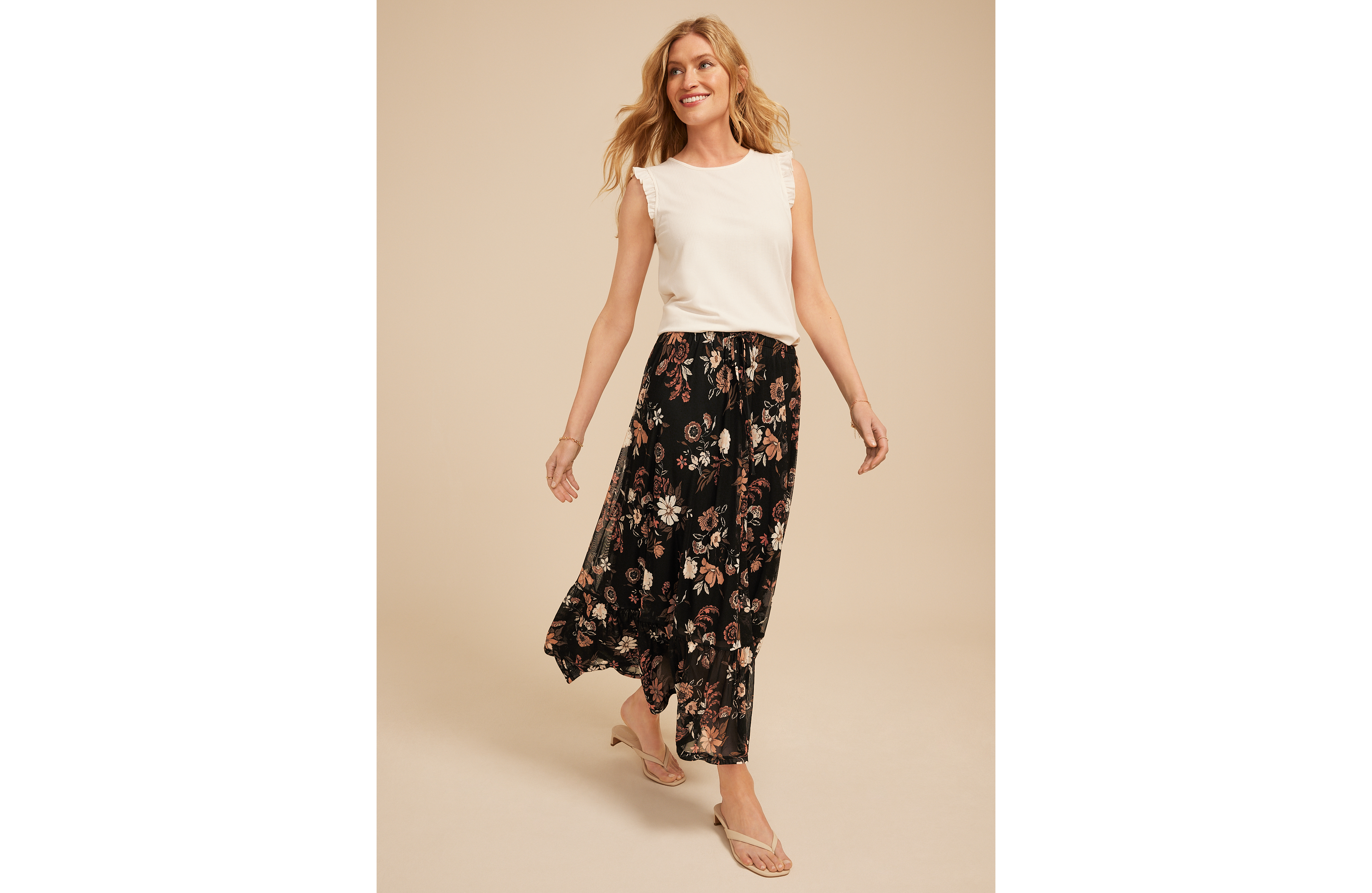 Mesh Printed Tiered Midi Skirt