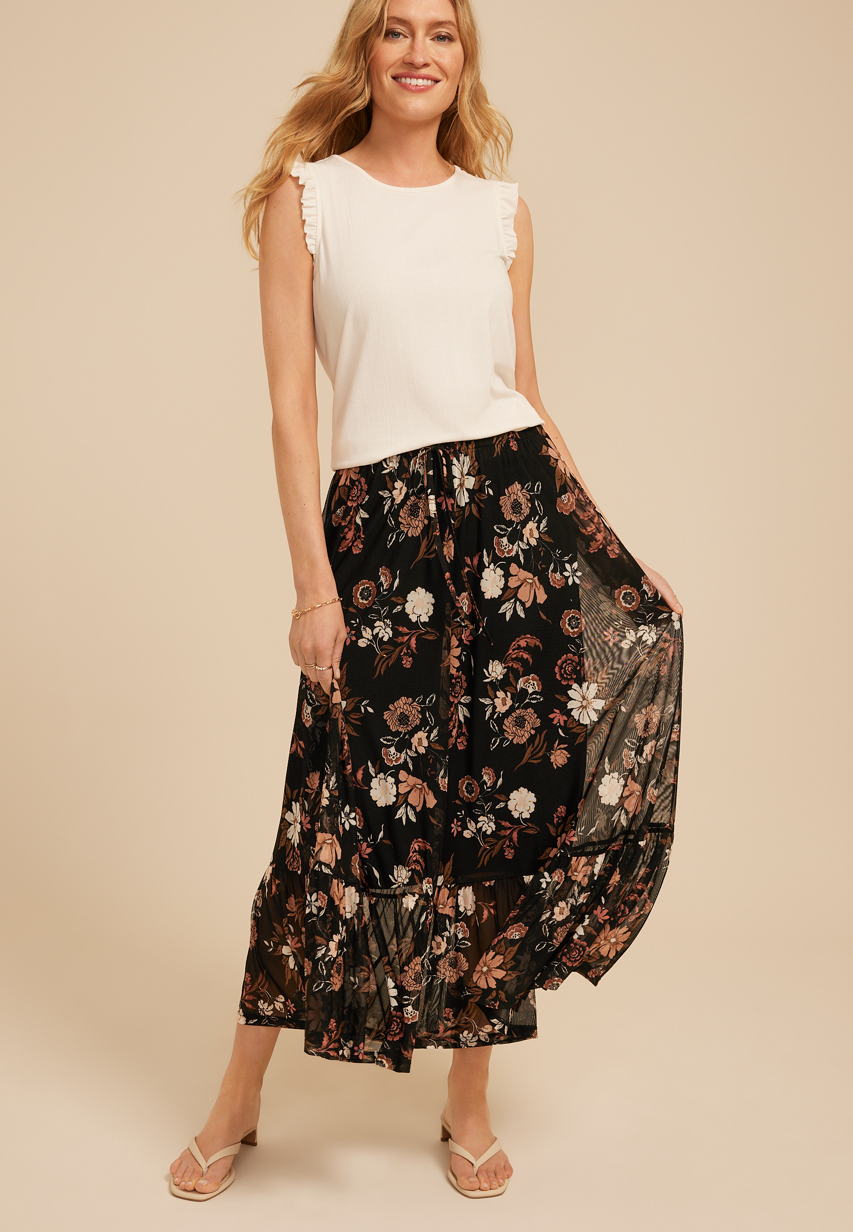 Mesh Printed Tiered Midi Skirt, C1756, large