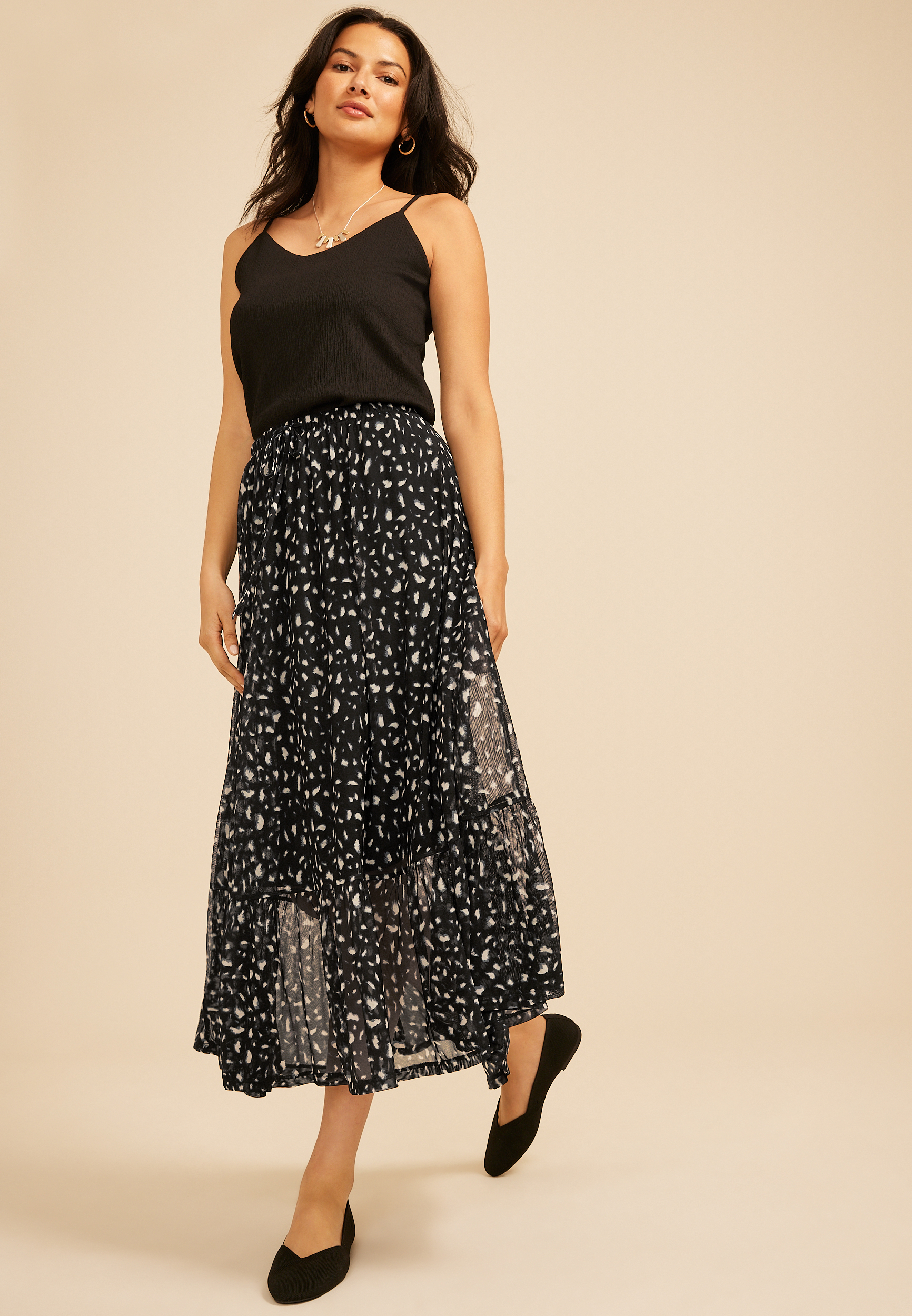 Mesh Printed Tiered Midi Skirt, C1772, large