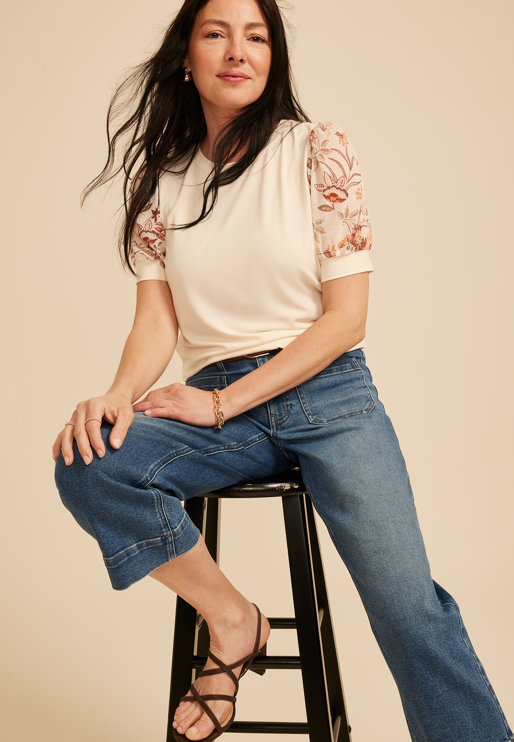 Mesh Floral Puff Short Sleeve Top