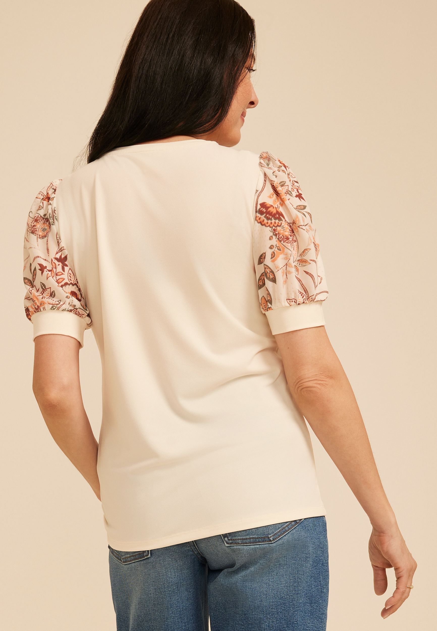 Mesh Floral Puff Short Sleeve Top - thumbnail 5