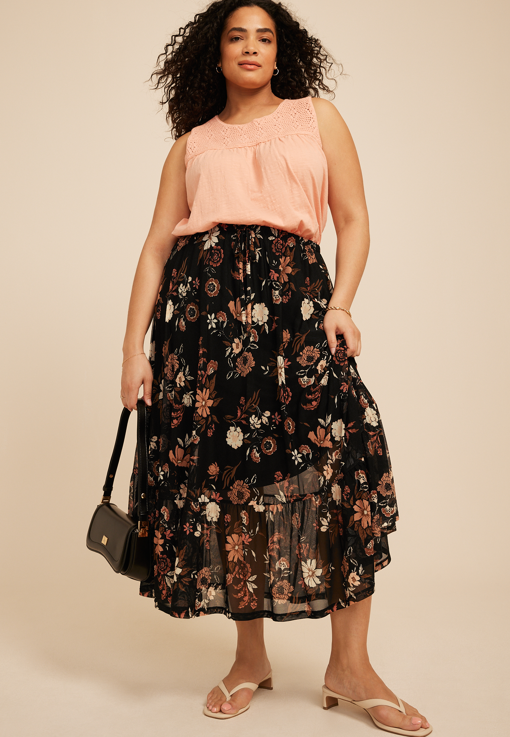 Plus Size Floral Mesh Mesh Tiered Midi Skirt