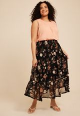 Plus Size Printed Mesh Tiered Midi Skirt, C1756, small