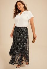 Plus Size Printed Mesh Tiered Midi Skirt, C1772, small
