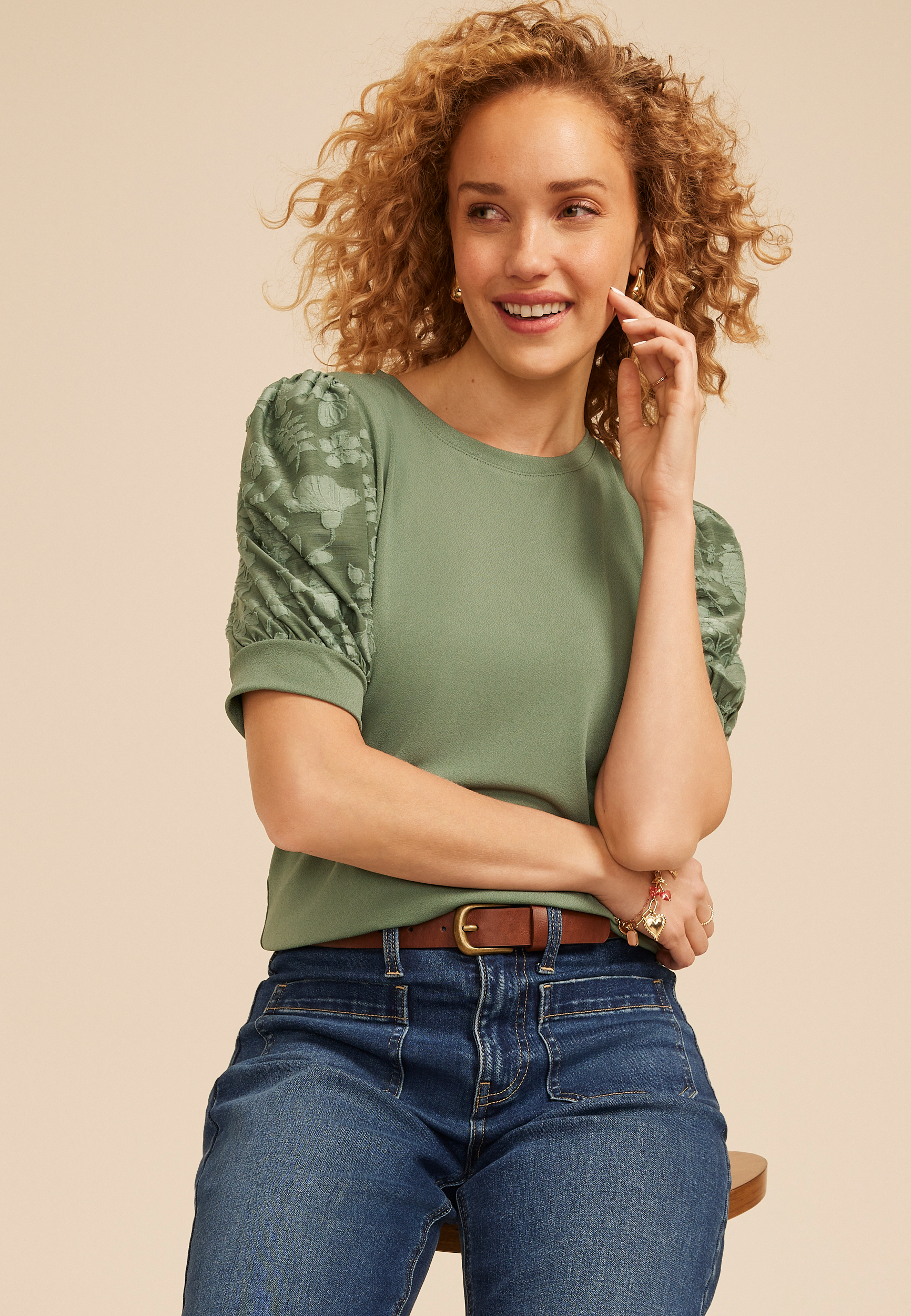 Jacquard Puff Short Sleeve Top, C7379, large