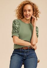 Jacquard Puff Short Sleeve Top, C7379, small
