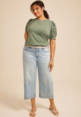 Plus Size Jacquard Puff Short Sleeve Top, DUCK GREEN, small