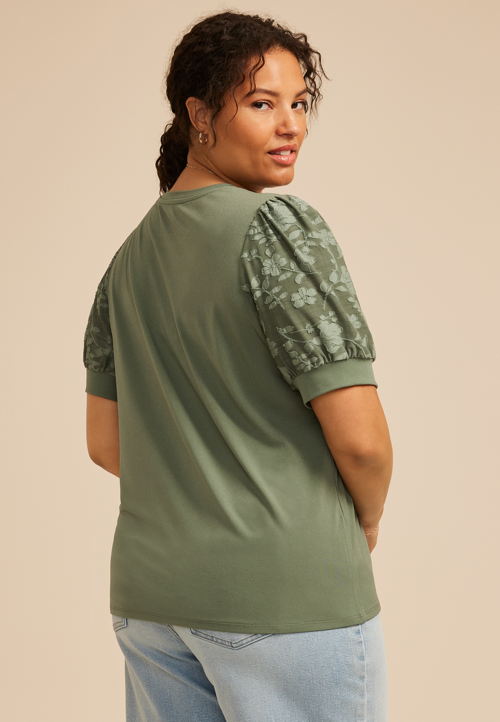 Plus Size Jacquard Puff Short Sleeve Top, DUCK GREEN, large