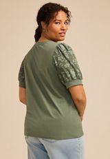 Plus Size Jacquard Puff Short Sleeve Top, DUCK GREEN, small
