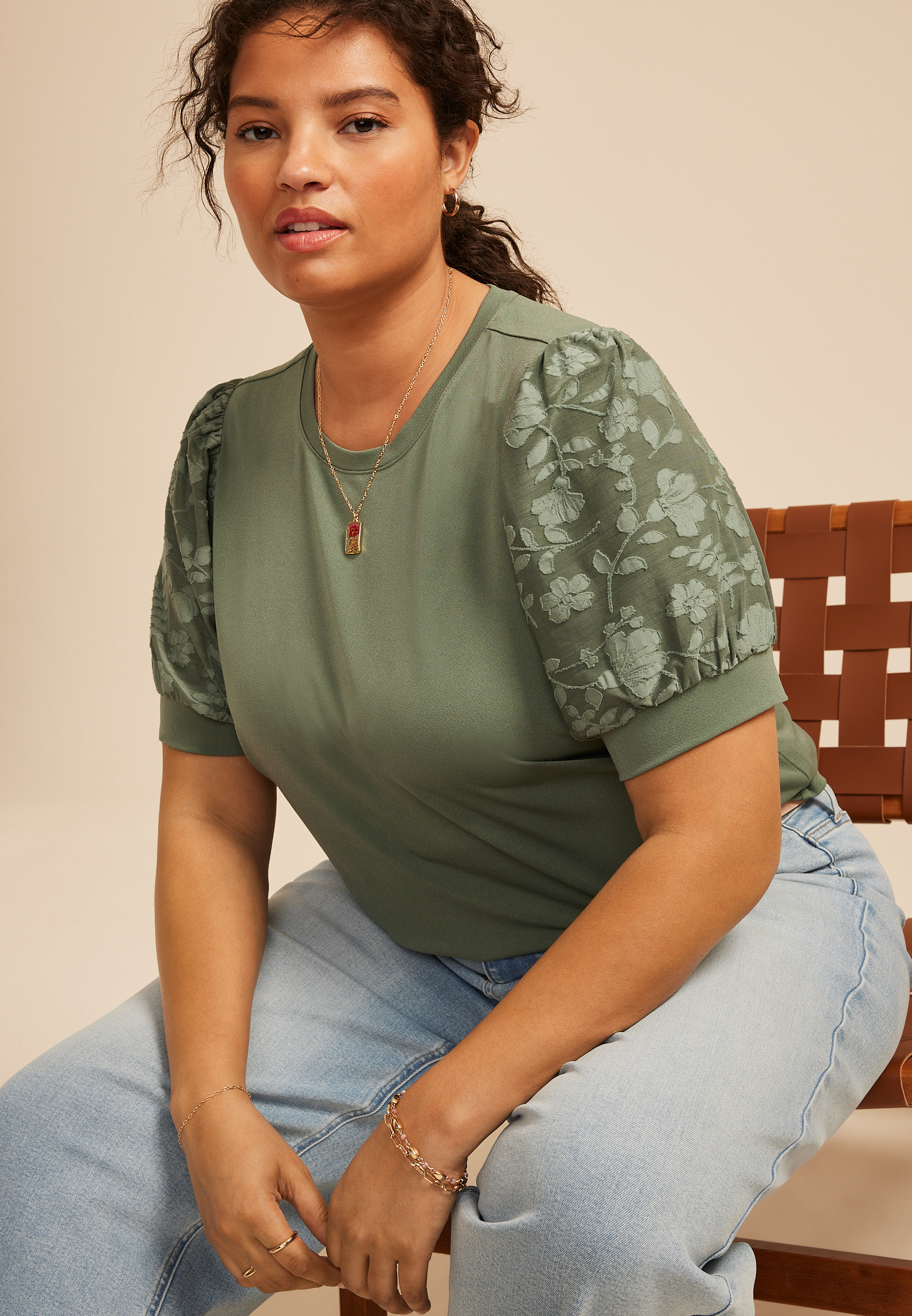 Plus Size Jacquard Puff Short Sleeve Top, DUCK GREEN, large