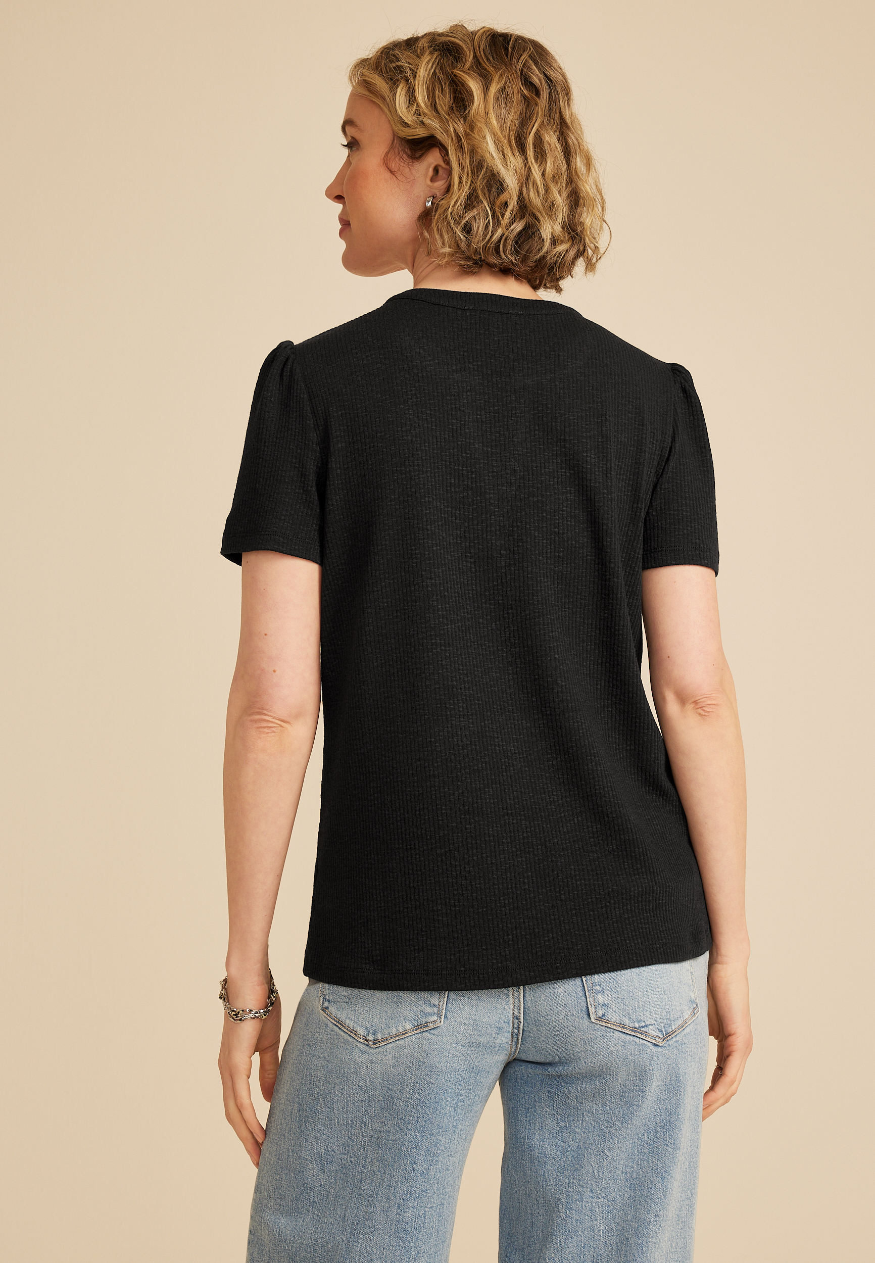 Ribbed Split Neck Short Sleeve Tee