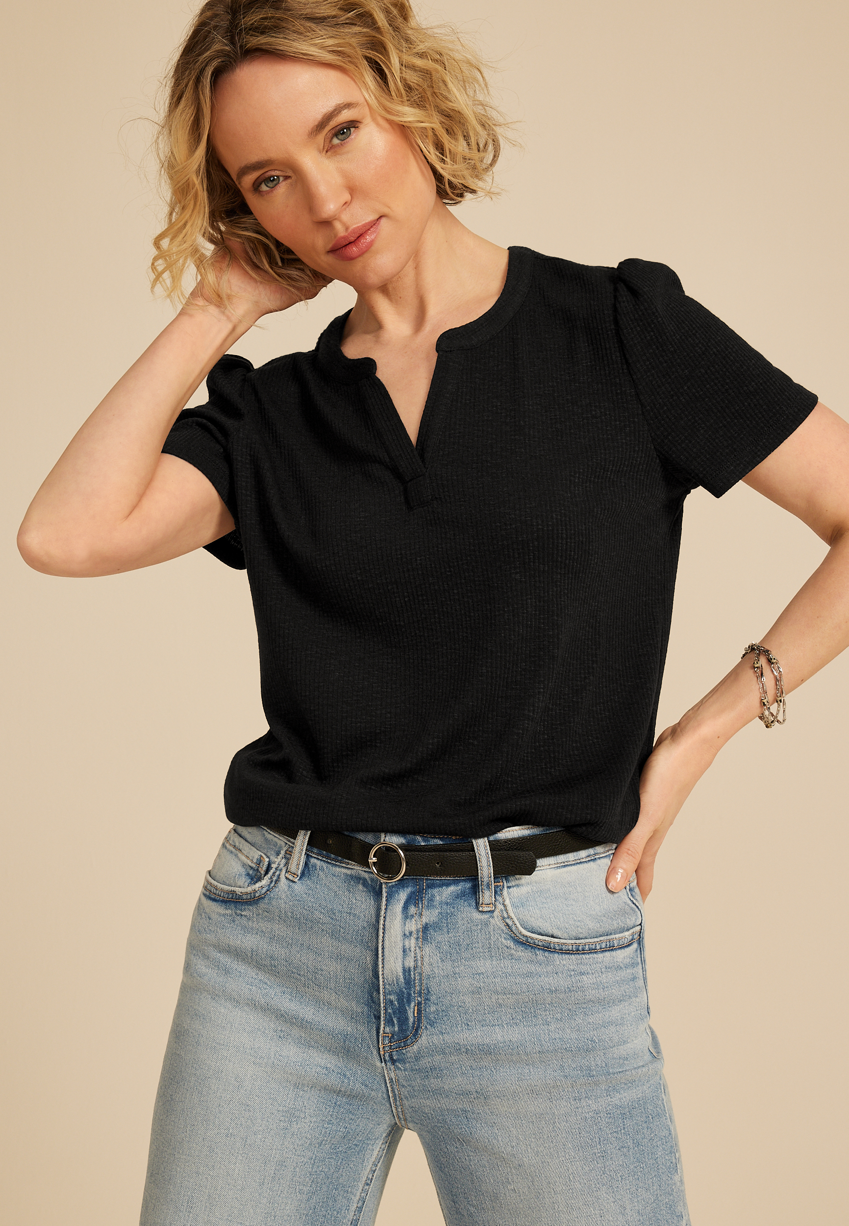 Ribbed Split Neck Short Sleeve Tee