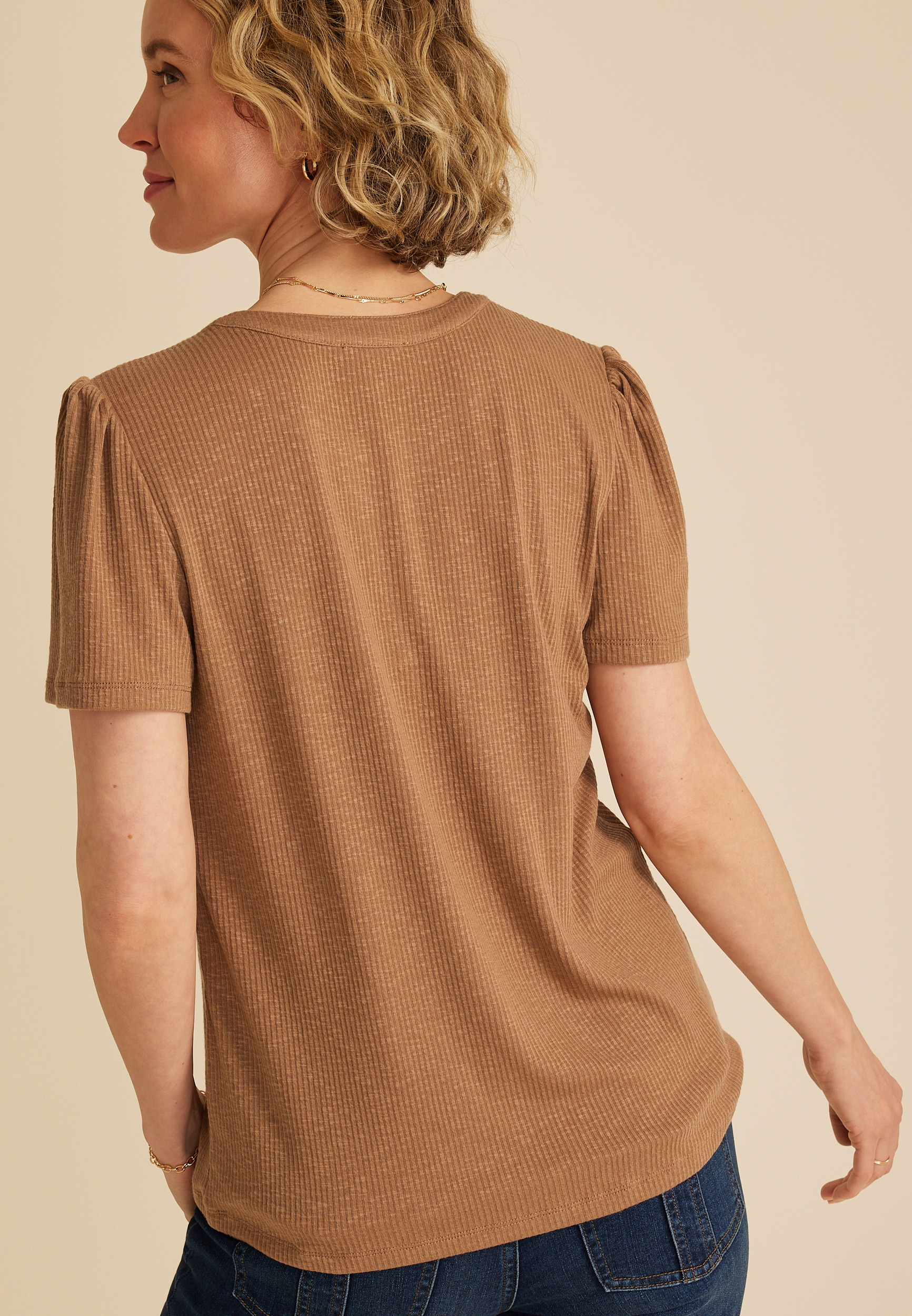 Ribbed Split Neck Short Sleeve Tee - thumbnail 5