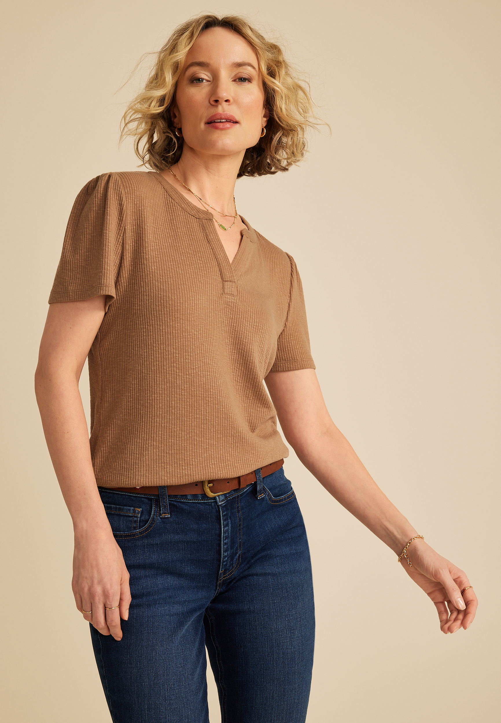 Ribbed Split Neck Short Sleeve Tee - thumbnail 6