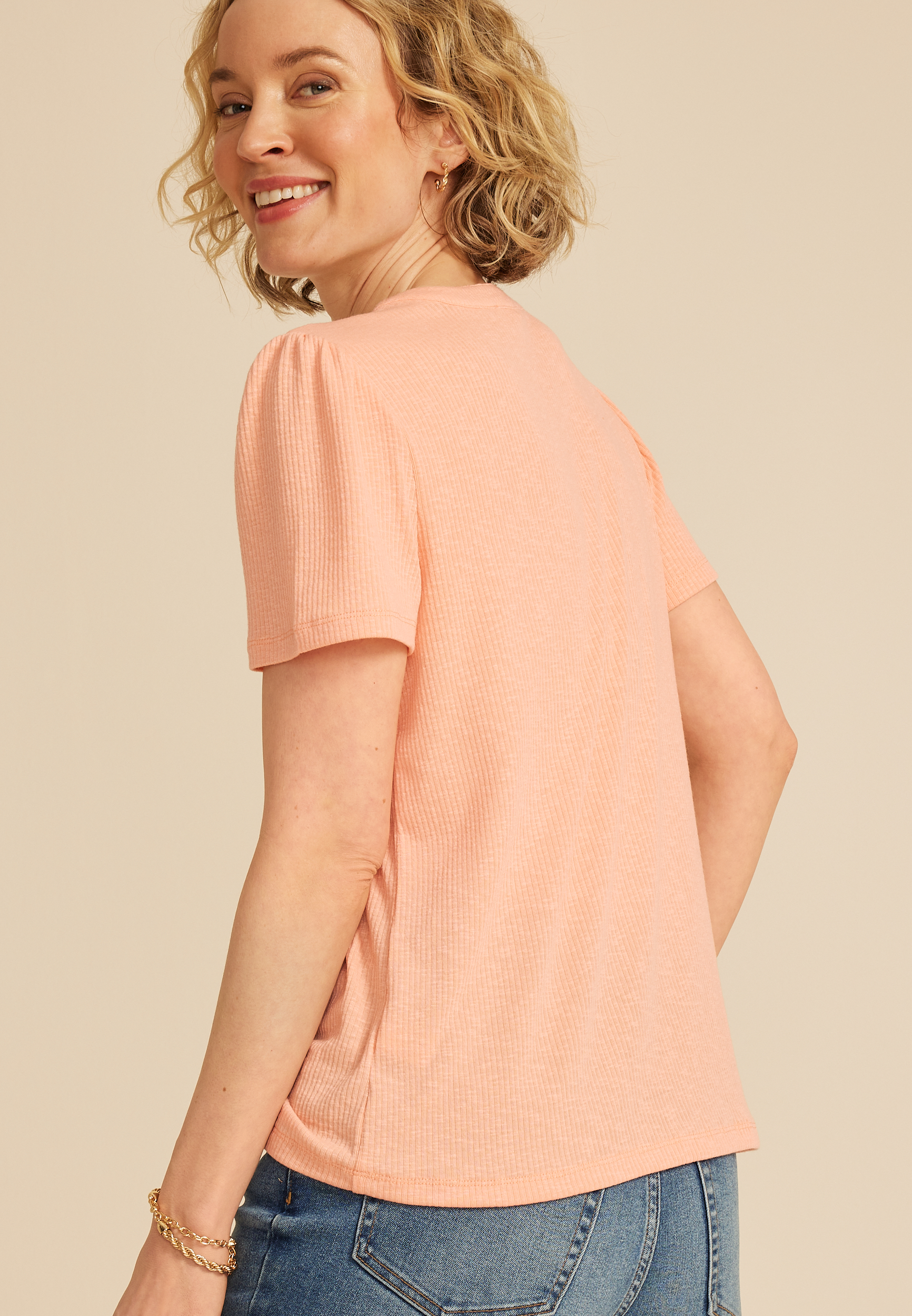 Ribbed Split Neck Short Sleeve Tee, C9682, large