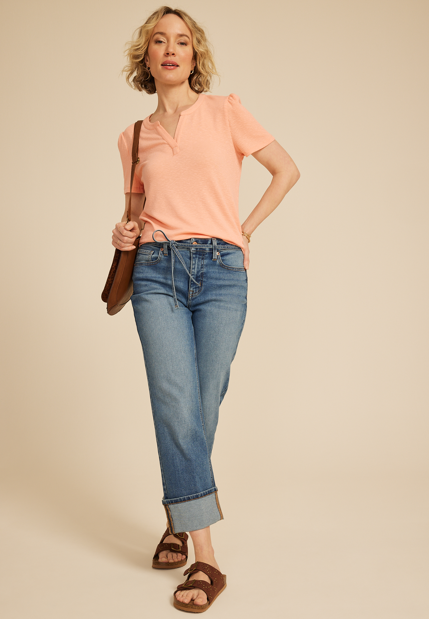 Ribbed Split Neck Short Sleeve Tee, C9682, large