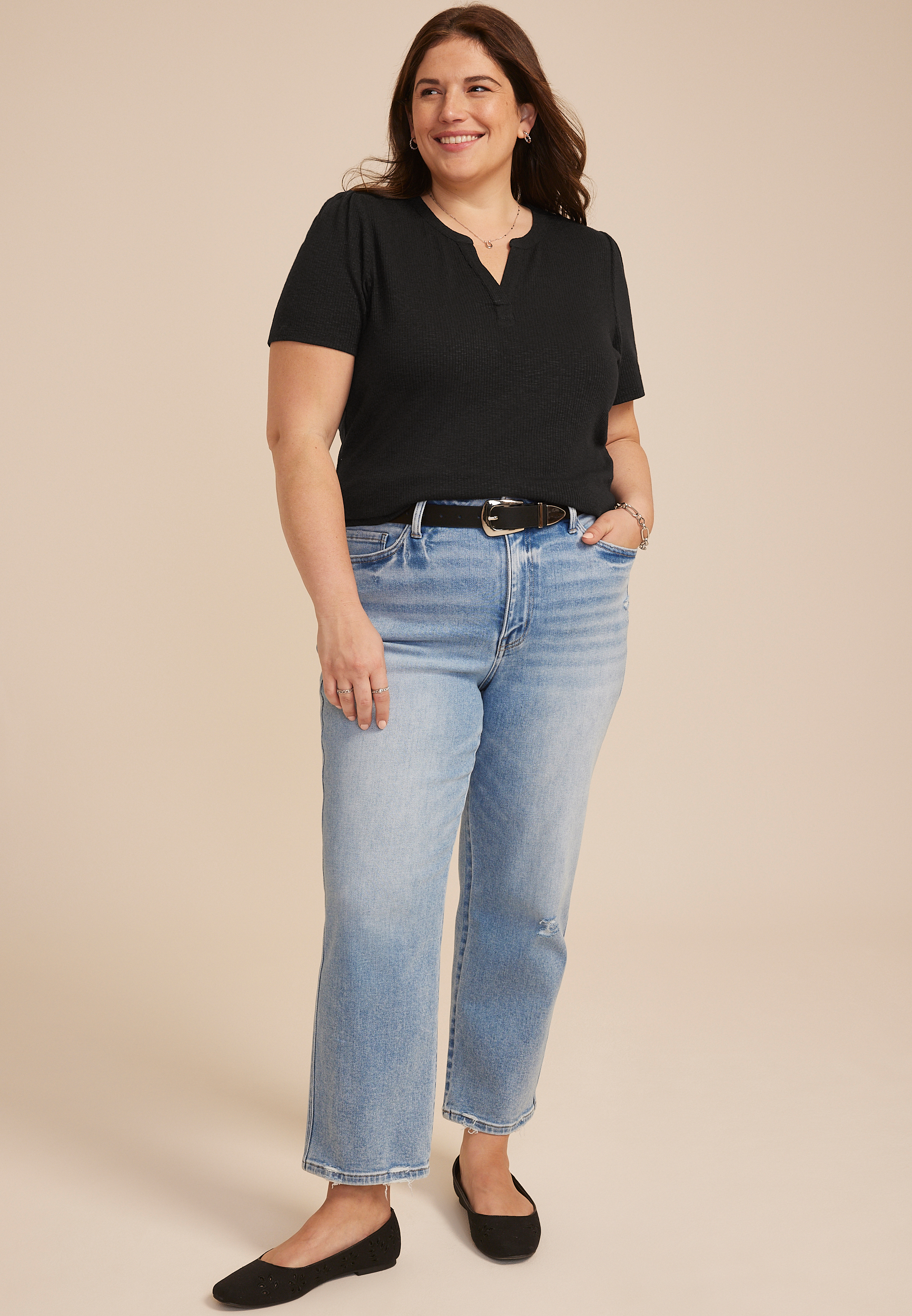 Plus Size Ribbed Split Neck Short Sleeve Tee