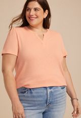 Plus Size Ribbed Split Neck Short Sleeve Tee, CORAL PINK, small