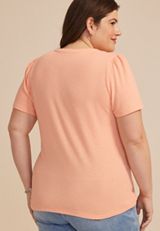 Plus Size Ribbed Split Neck Short Sleeve Tee, CORAL PINK, small