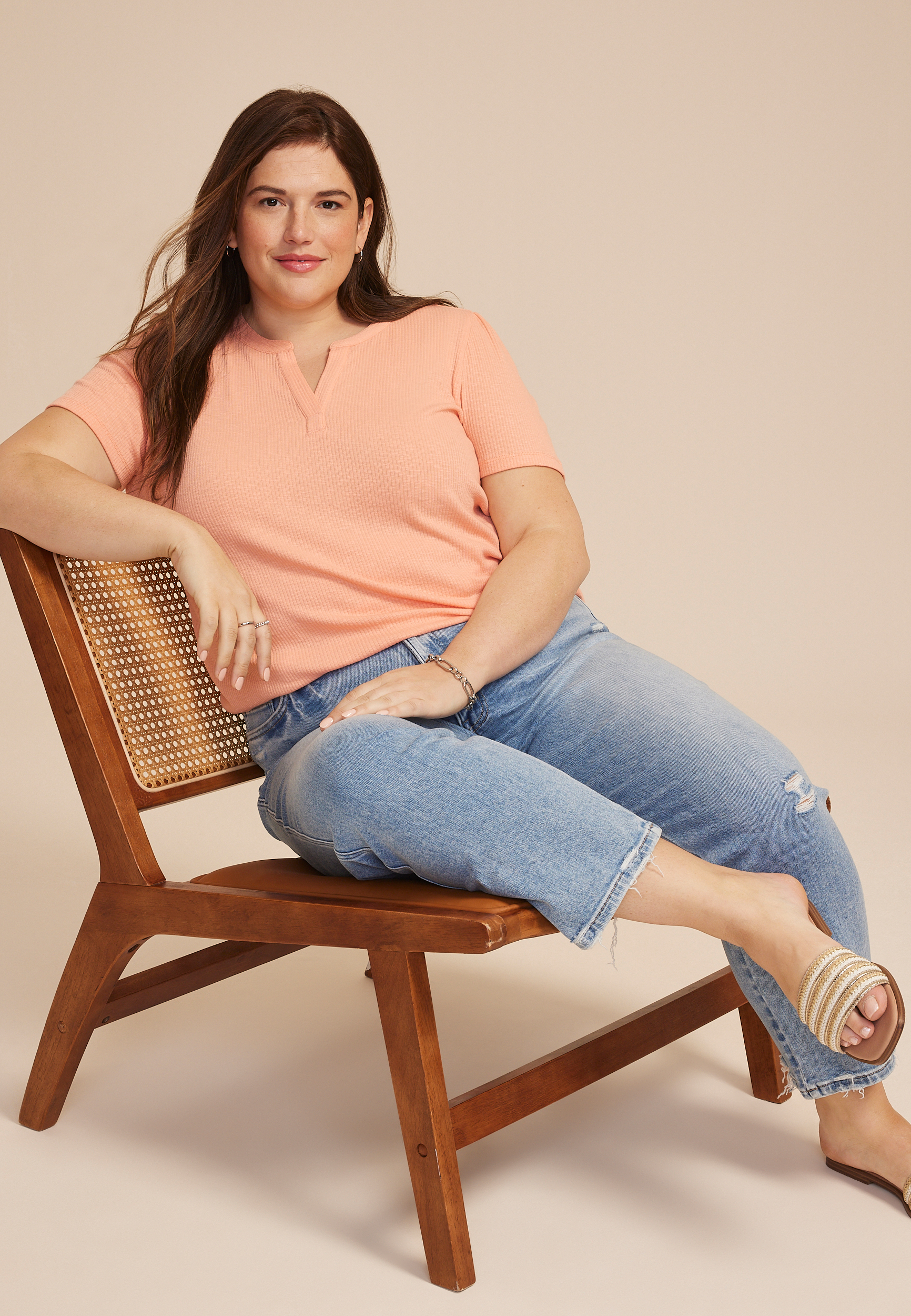 Plus Size Ribbed Split Neck Short Sleeve Tee, CORAL PINK, large