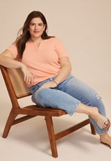 Plus Size Ribbed Split Neck Short Sleeve Tee, CORAL PINK, small