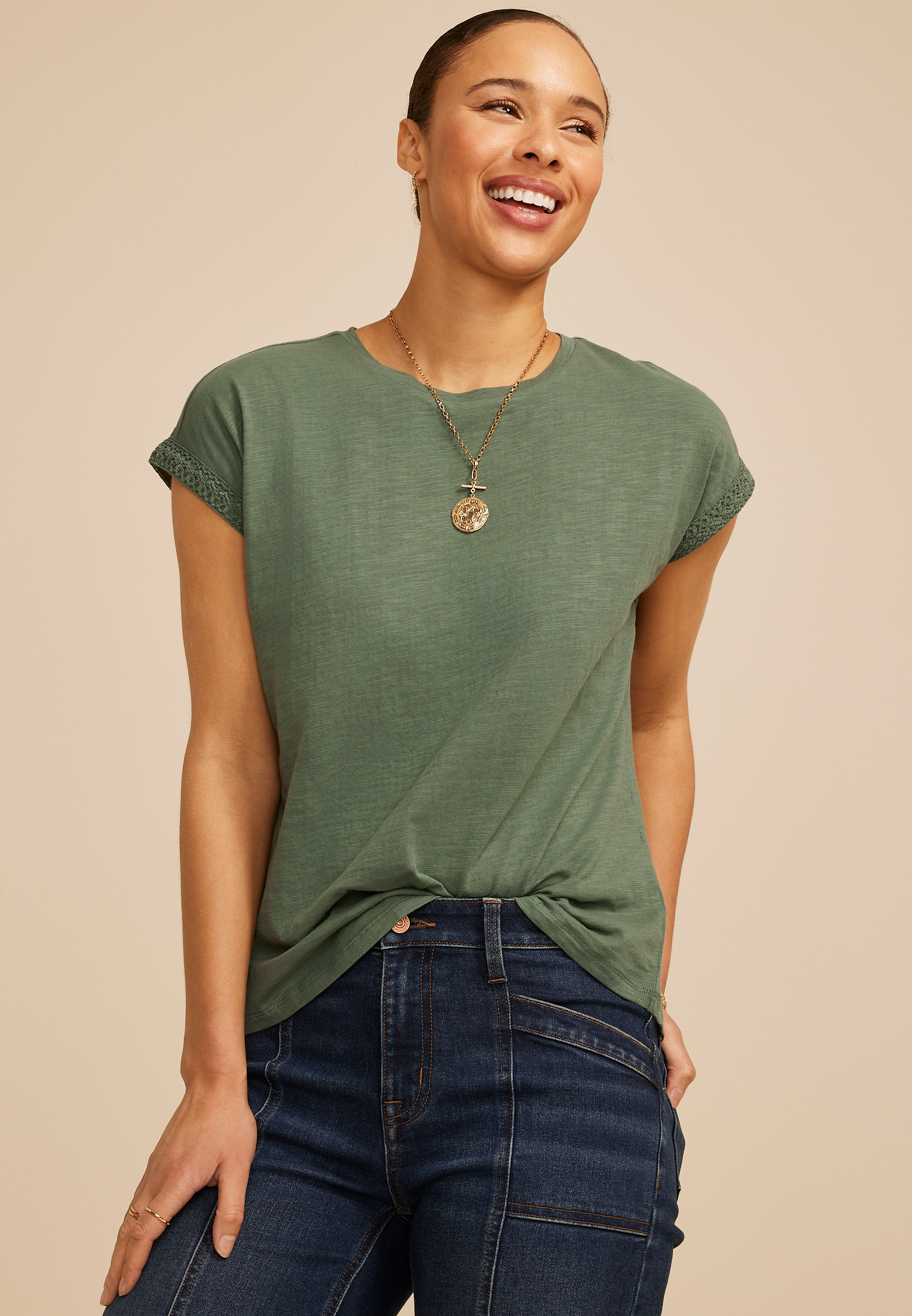 Crochet Trim Sleeve Tee, C7379, large