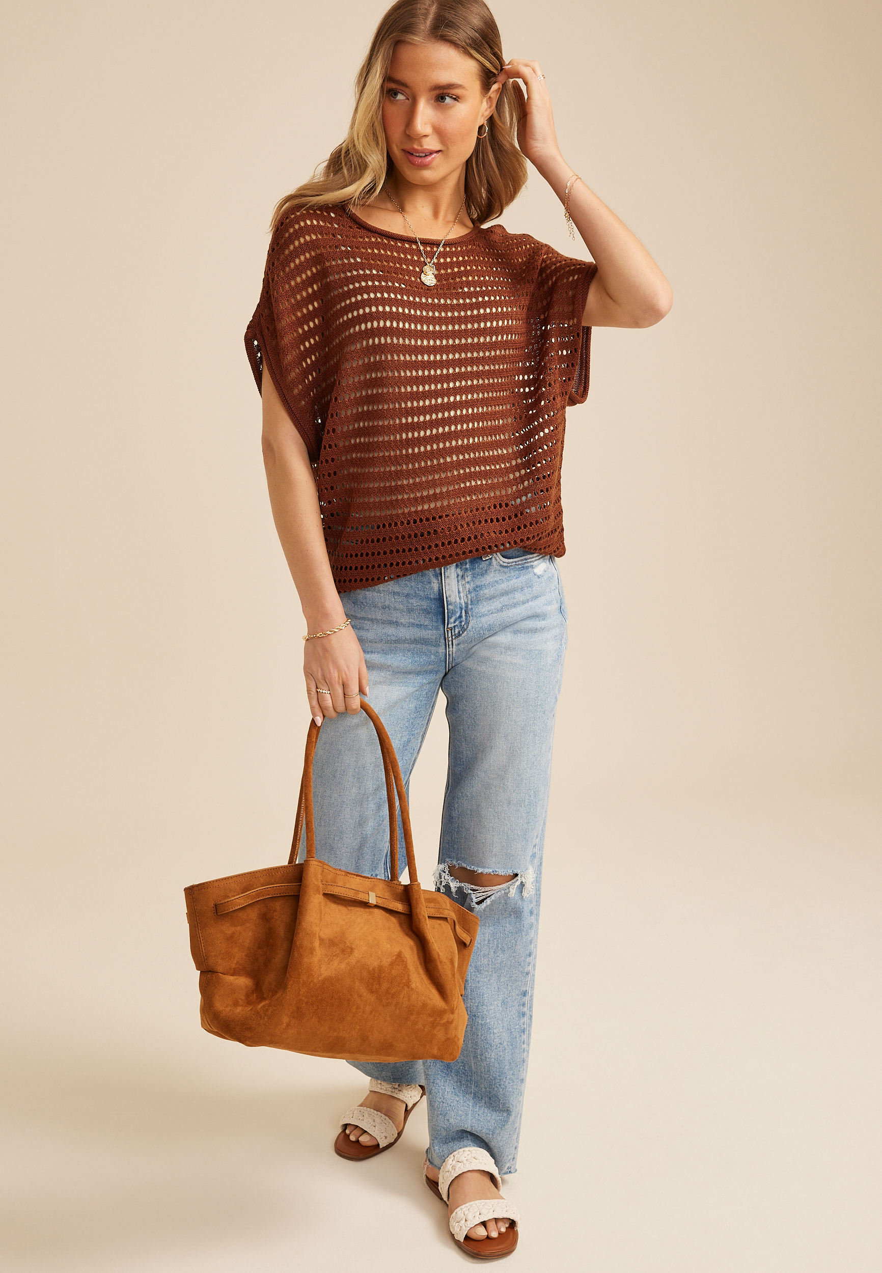 Open Stitch Dolman Sleeve Sweater
