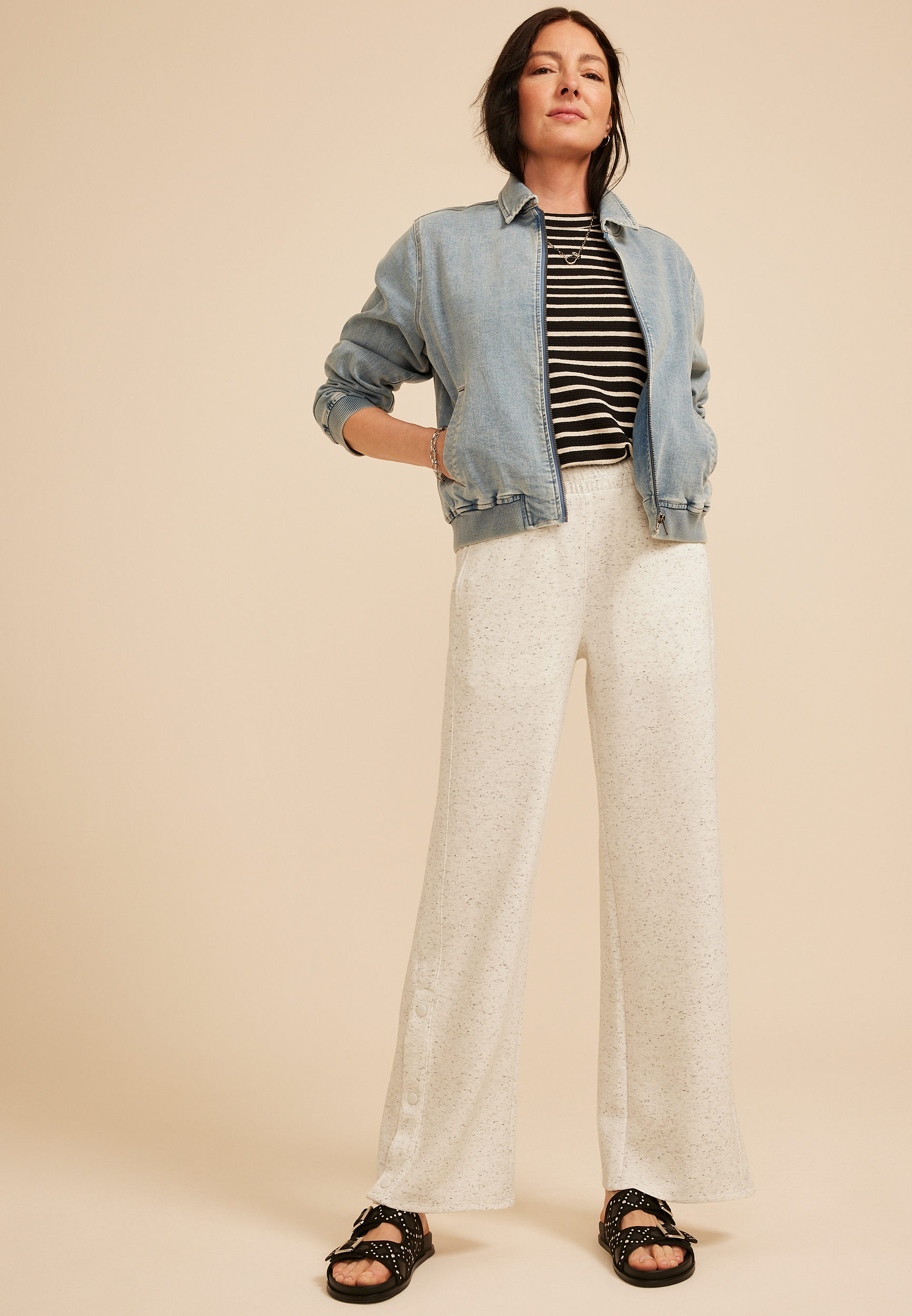 Speckled Cloud Scuba Knit High Rise Snap Button Wide Leg Pant, C6815, large