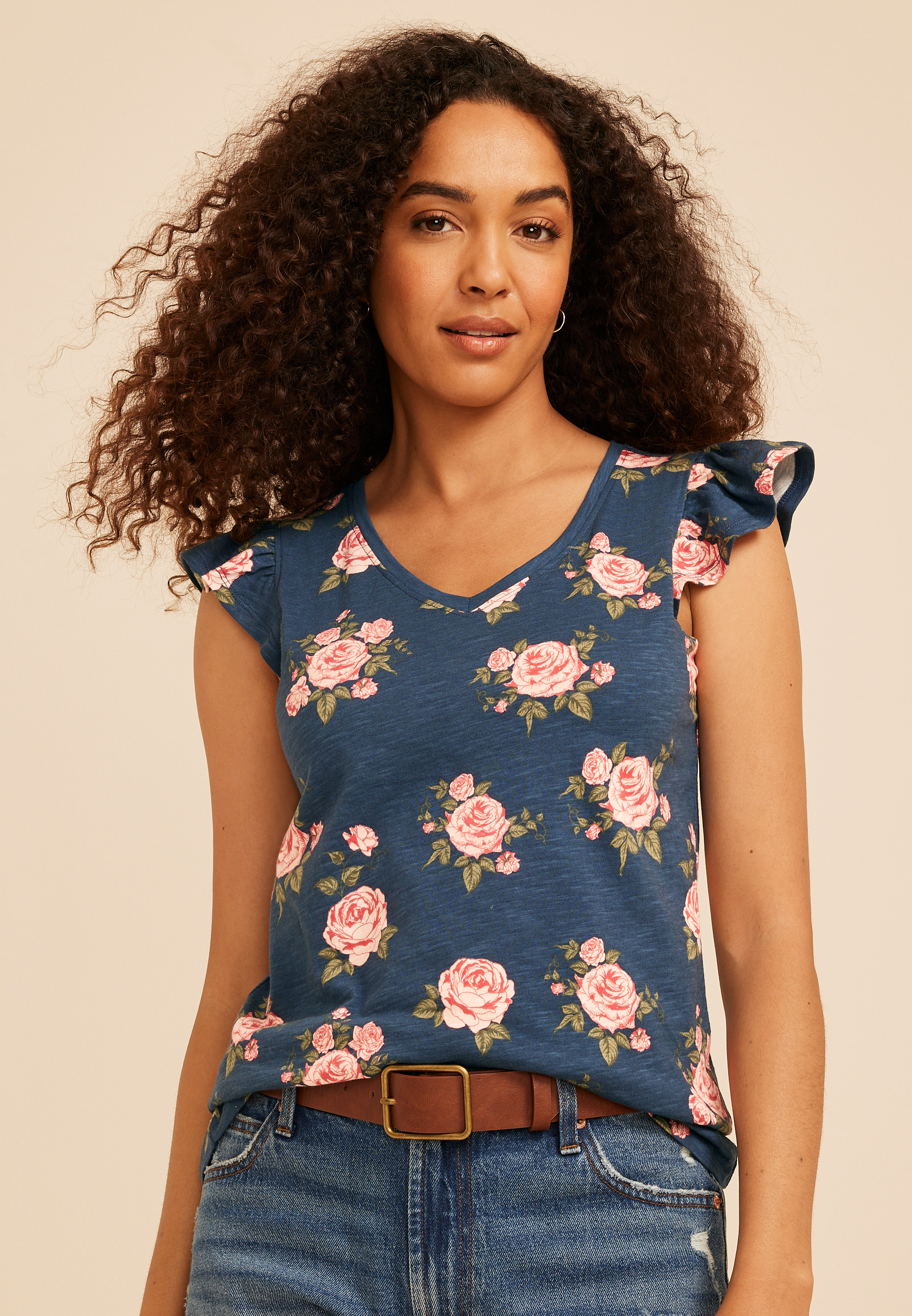 Floral V Neck Flutter Sleeve Tee