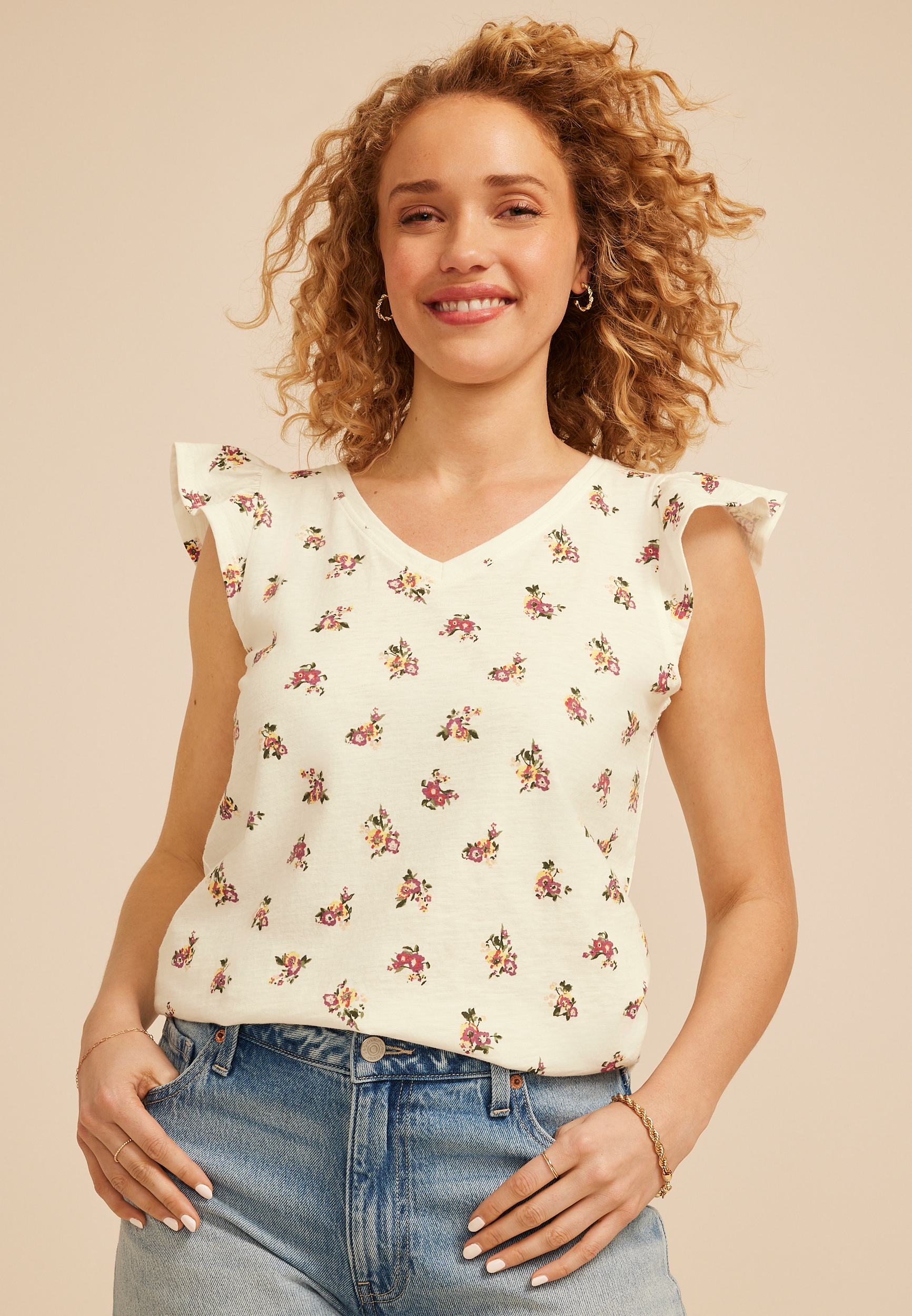 Floral V Neck Flutter Sleeve Tee