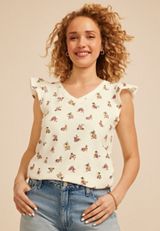 Floral V Neck Flutter Sleeve Tee, C2969, small