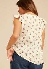 Plus Size Floral V Neck Flutter Sleeve Tee, C2969, small