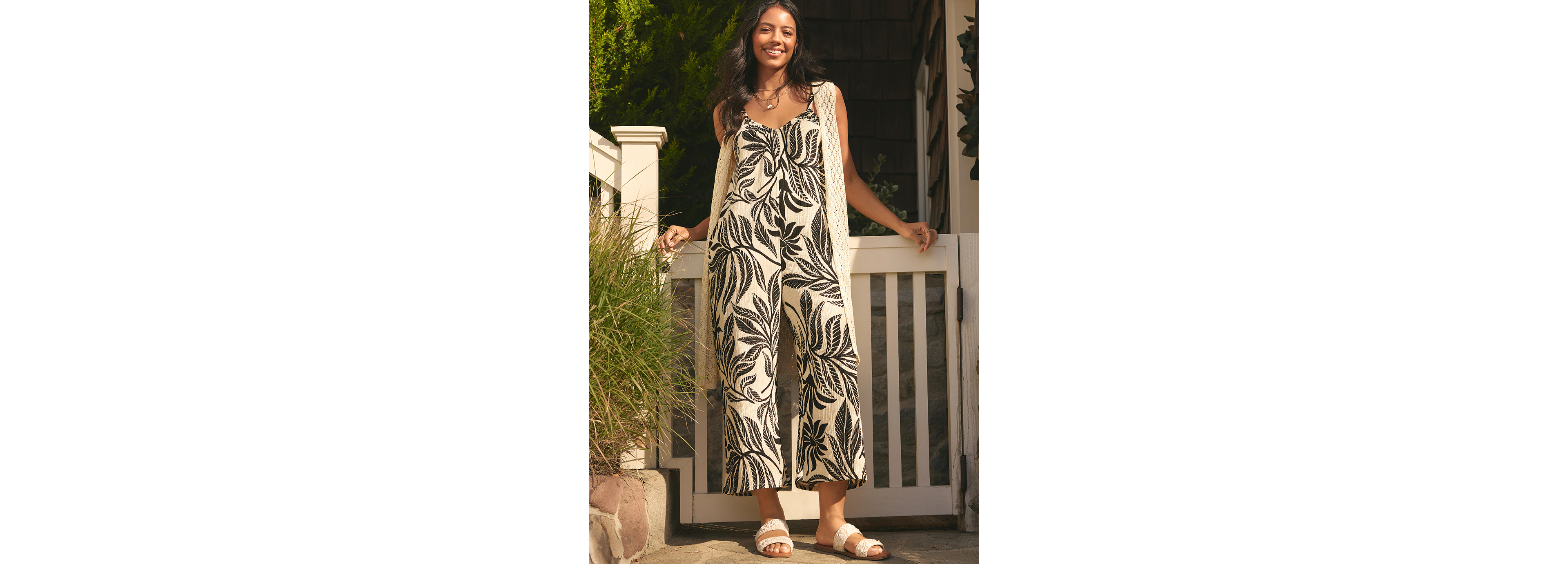 Bare Leaf Print V Neck Wide Leg Jumpsuit