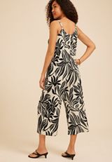 Bare Leaf Print V Neck Wide Leg Jumpsuit, C1756, small