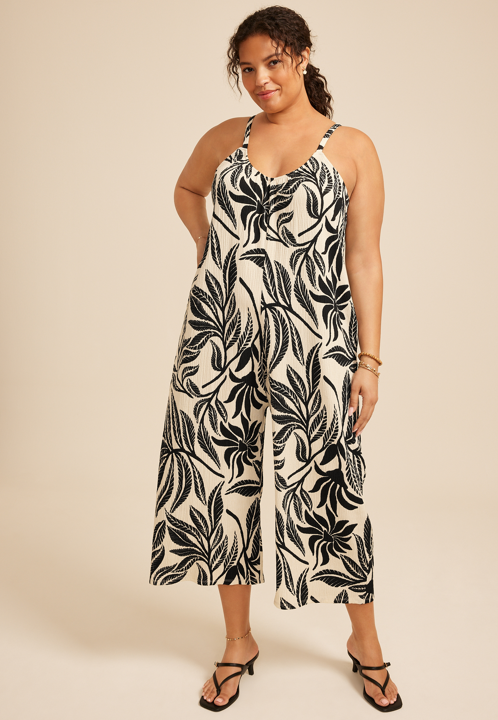 Plus Size Bare Leaf Print V Neck Wide Leg Jumpsuit 