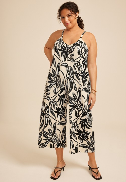 ロンパース・カバーオール House on the Hill jumpsuit 90 Plus Size Bare Leaf Print V Neck Wide Leg Jumpsuit | maurices
