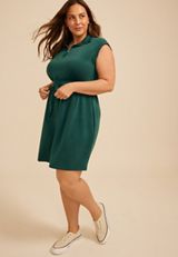 Plus Size Quarter Zip Cloud Scuba Knit Cap Sleeve Athleisure Dress, C2735, small