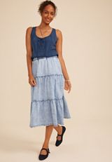 Tiered Pull On Denim Midi Skirt, C3337, small