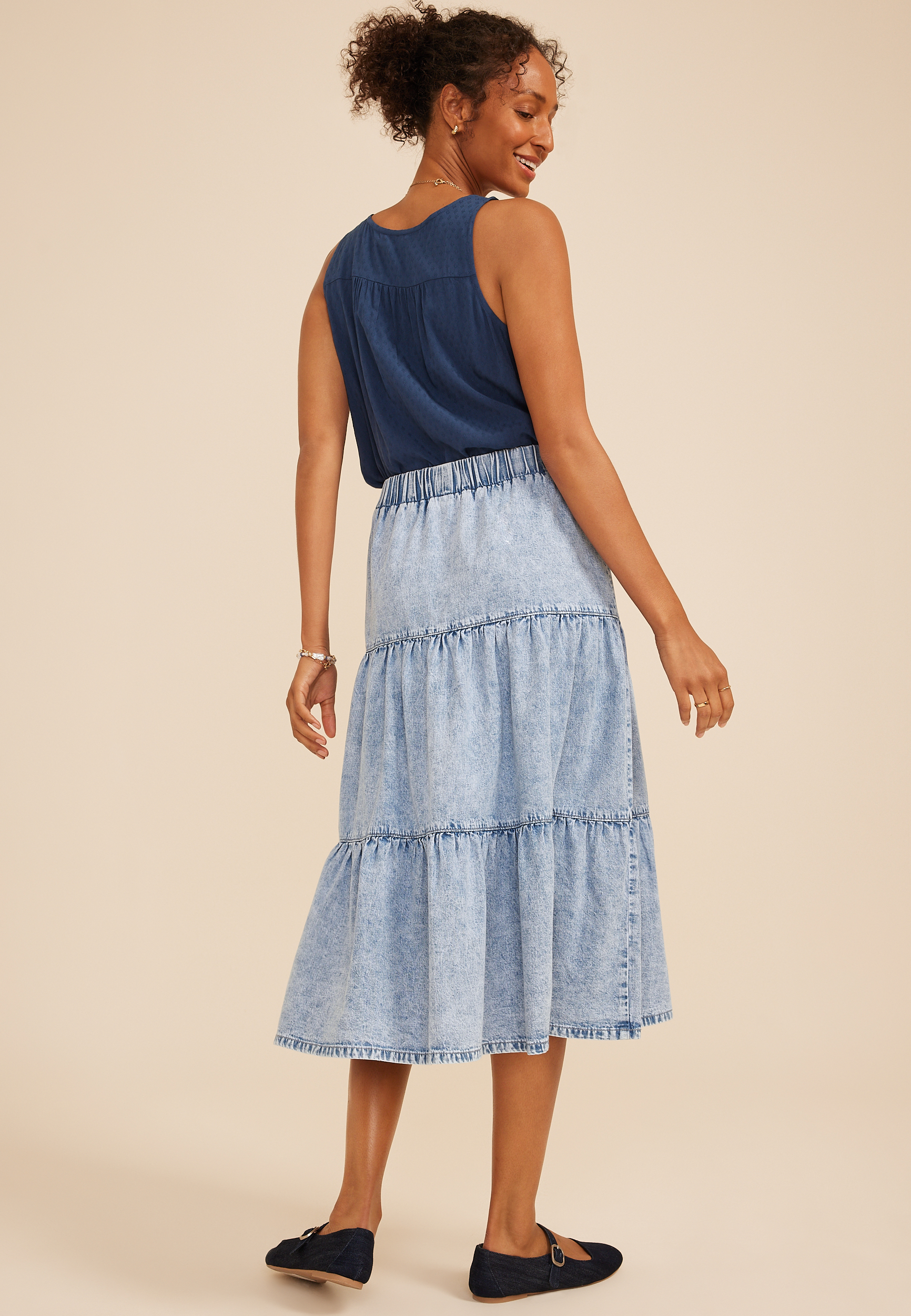 Tiered Pull On Denim Midi Skirt, C3337, large
