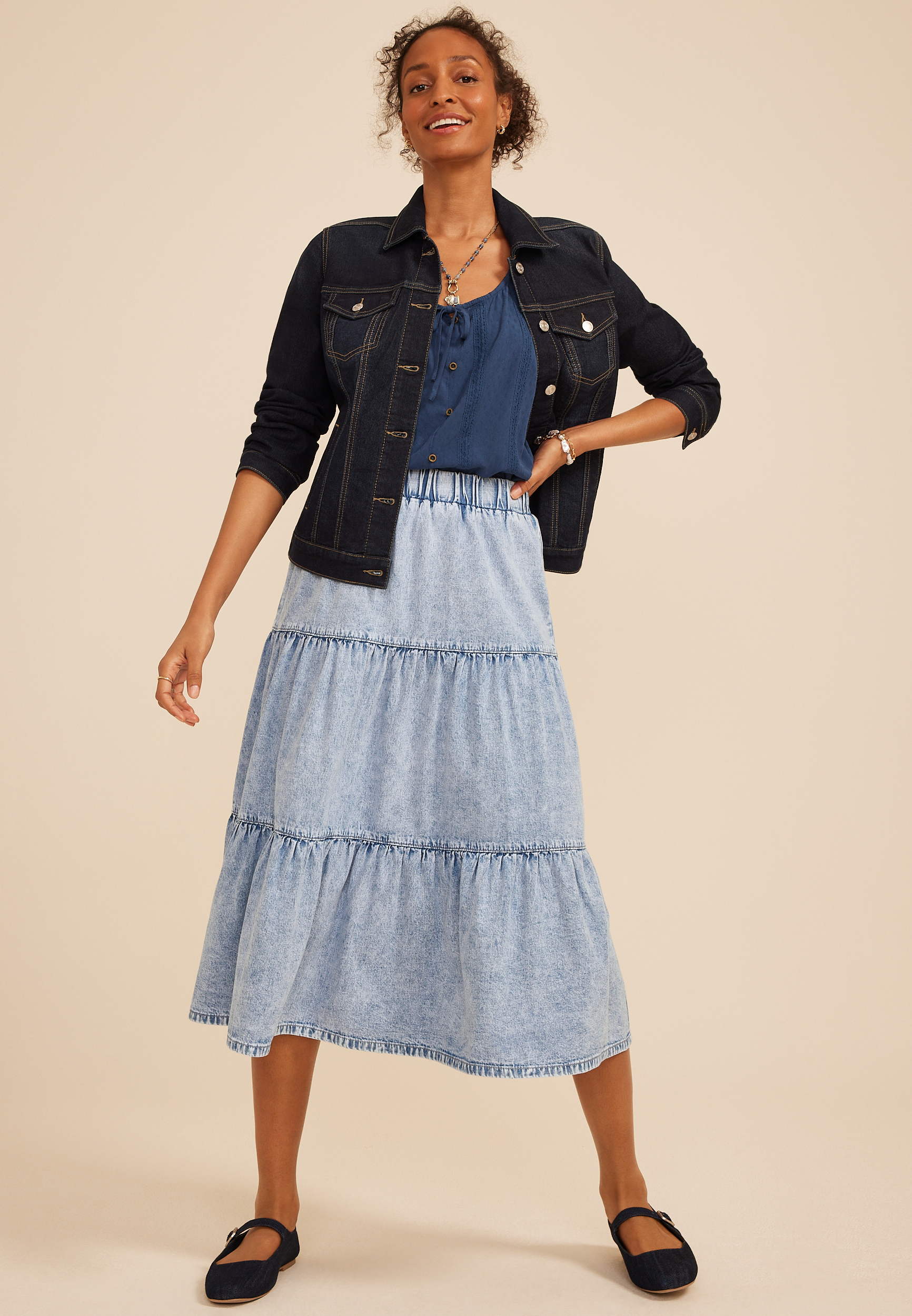 Tiered Pull On Denim Midi Skirt, C3337, large