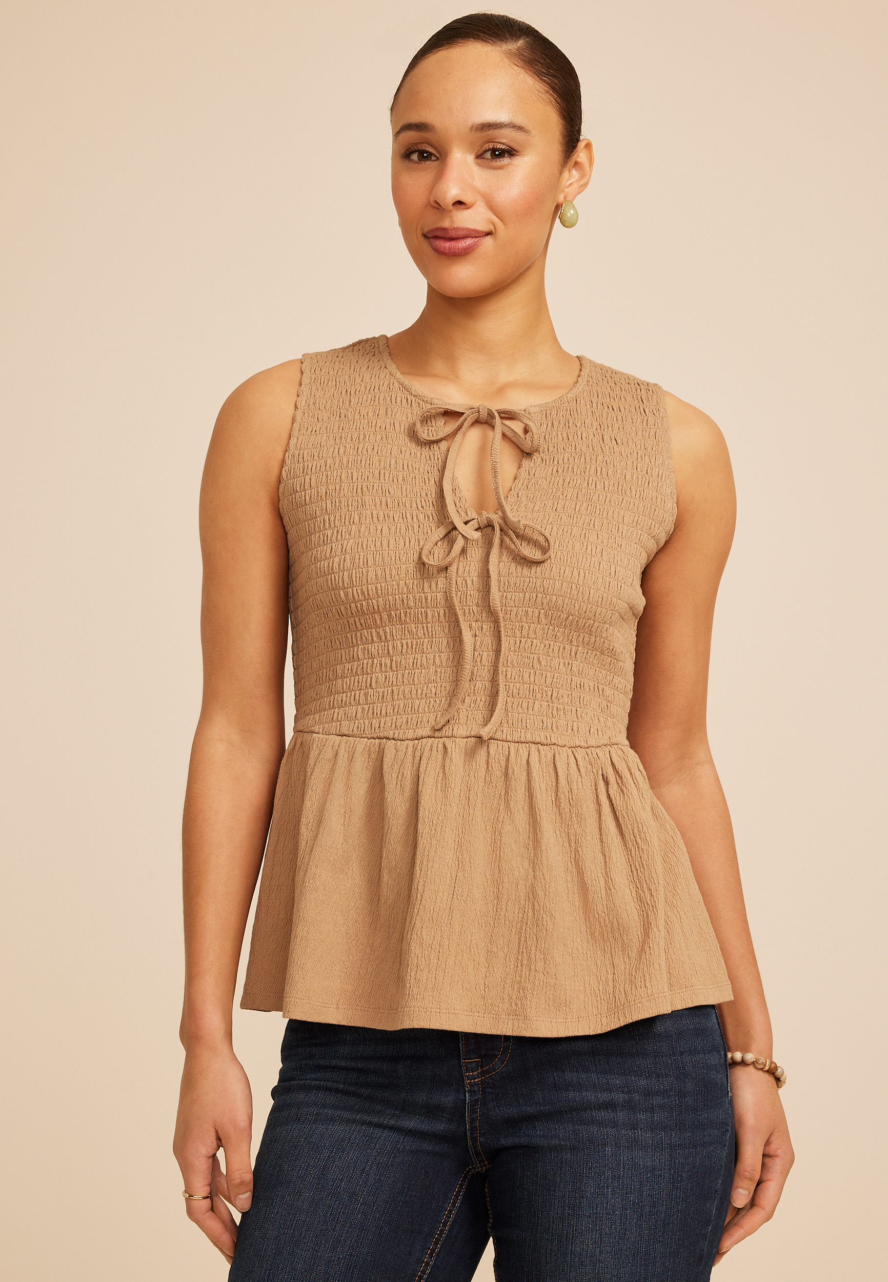 Smocked Tie Front Peplum Tank Top
