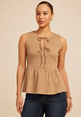 Smocked Tie Front Peplum Tank Top, AMPHORA, small